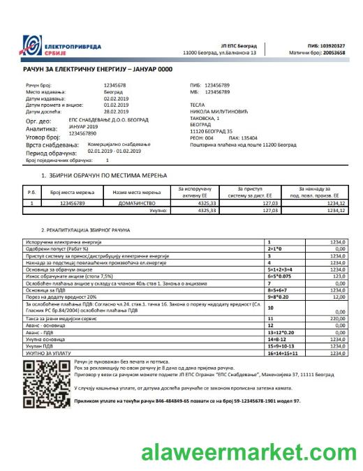 Serbia  j electricity utility bill template in Word and PDF format